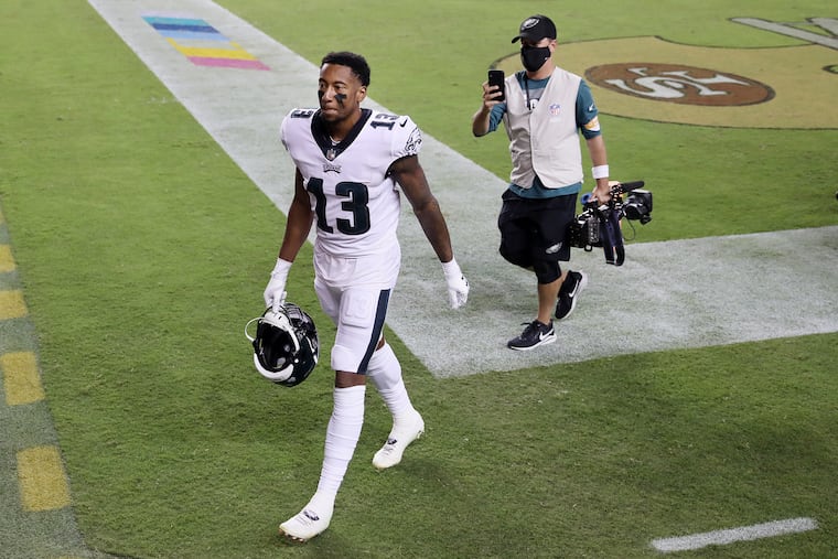 Eagles wide receiver Travis Fulgham (13) leaves the field after a game against the San Francisco 49ers at Levi's Stadium in Santa Clara, Calif., on Sunday, Oct. 4, 2020. The Eagles won 25-20.