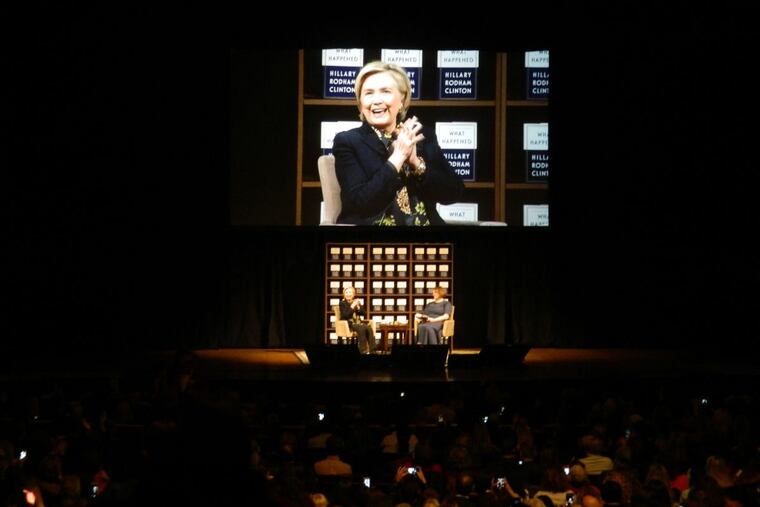 Hillary Rodham Clinton takes the Academy of Music stage with moderator Jennifer Weiner on Nov. 30.