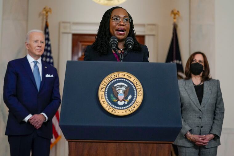 Judge Ketanji Brown Jackson speaks after President Joe Biden announced Jackson as his nominee to the Supreme Court. Vice President Kamala Harris listens at right.