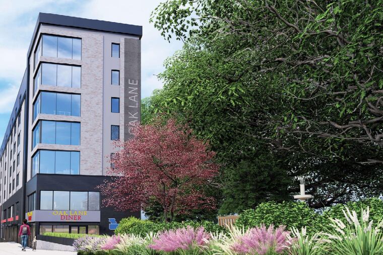 A rendering of the apartment building at the site of the old Oak Lane Diner, looking southwest, on 6528 N. Broad St.