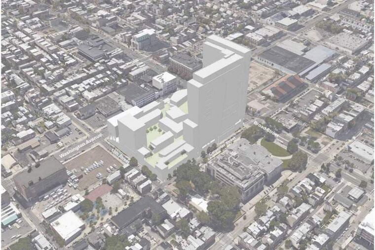 New renderings, submitted by developer Bart Blatstein to the Civic Design Review Committee, show changes made to the proposed mixed-use apartment tower and rooftop village at Broad Street and Washington Avenue.