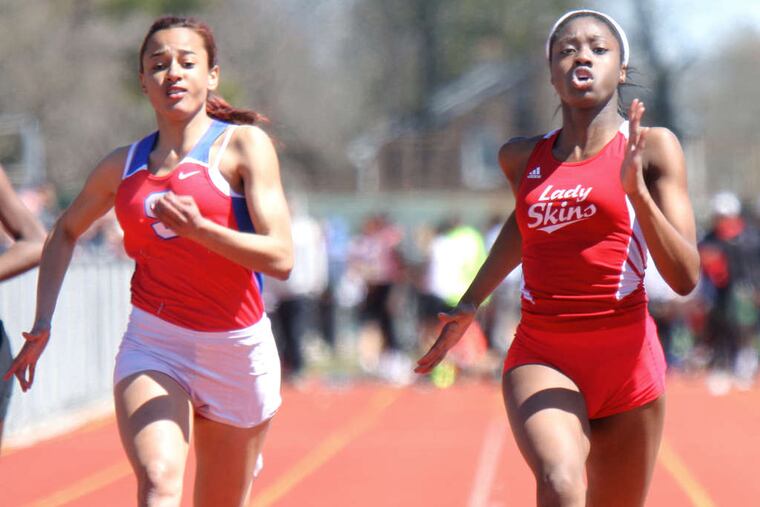 Neshaminy's Dasia Pressley (right) raced to victory ahead of Amy Hicks of Swenson during the Haverford Invitational last April at Haverford High.