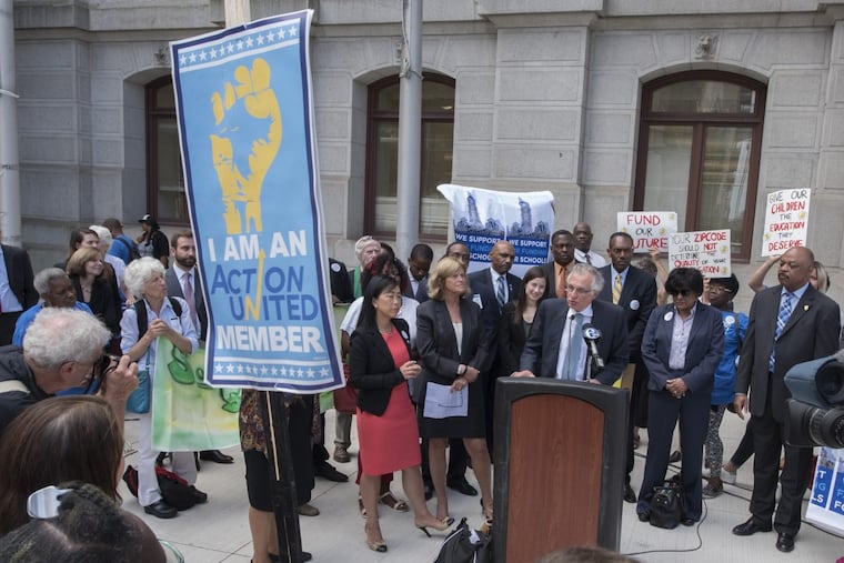 Attorney Michael Churchill of the Public Interest Law Center of Philadelphia, speaks at a rally outside Philadelphia City Hall September 13, 2016 after the PA Supreme Court heard arguments in a case against the Commonwealth over school funding.