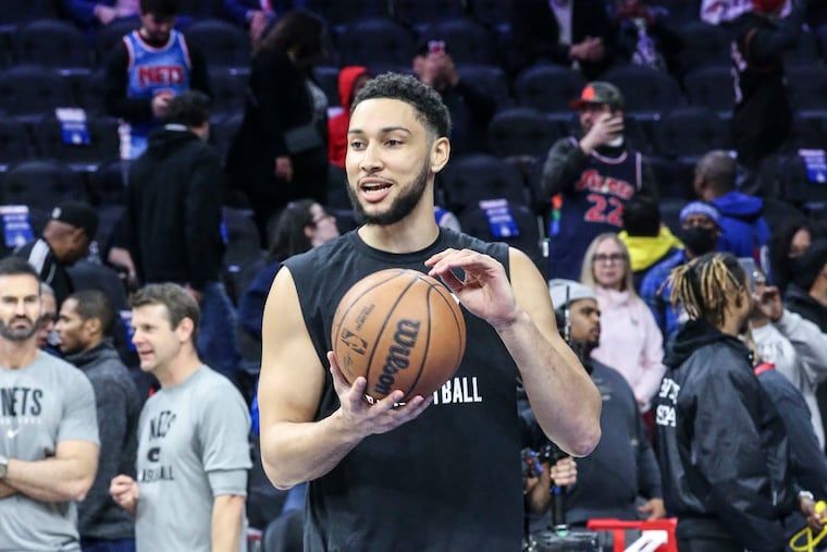 The Brooklyn Nets' Ben Simmons before a game against the Philadelphia 76ers at the Wells Fargo Center on March 10, 2022, in Philadelphia.