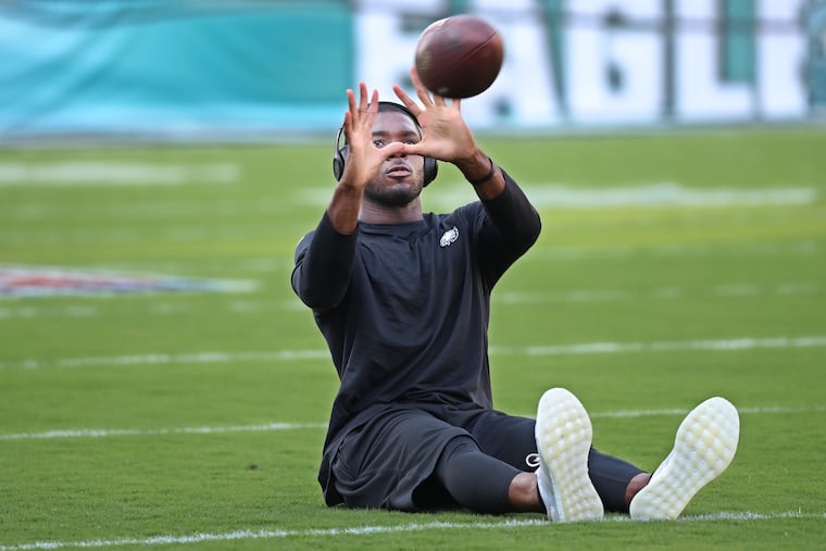 Eagles wide receiver, Nelson Agholor, catching a pass before the Eagles opened the season against the Falcons Thursday.