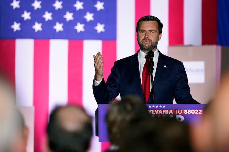 Republican vice presidential nominee Sen. JD Vance, R-Ohio, speaks at a campaign rally, Monday, Aug. 19, 2024, at DiSorb Systems, Inc. in Philadelphia. (AP Photo/Chris Szagola)