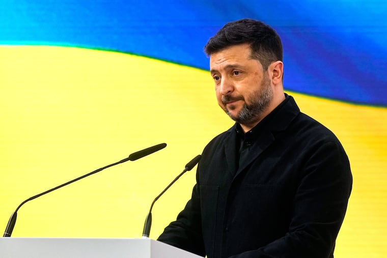 Ukraine's President Volodymyr Zelenskyy addresses the audience during a session at the Munich Security Conference in Munich, Germany, Saturday, Feb. 14, 2026.