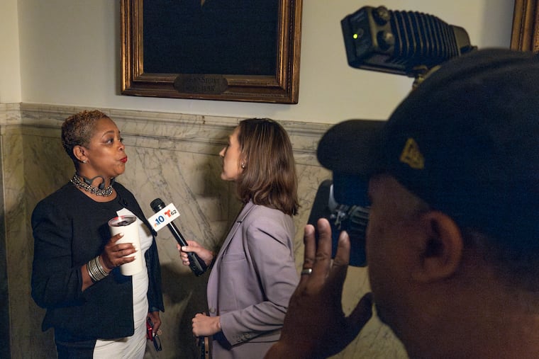 Philadelphia City Councilmember Cindy Bass speaks with a reporter at City Hall on Thursday.
