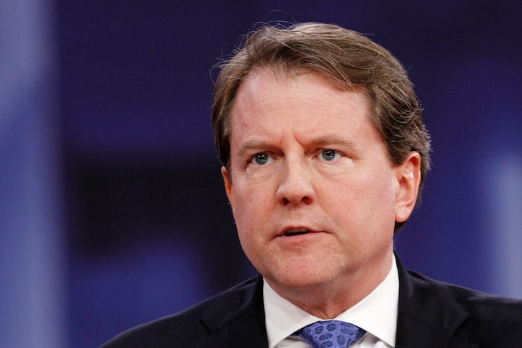 FILE - In this Feb. 22, 2018, file photo White House counsel Don McGahn speaks at the Conservative Political Action Conference (CPAC), at National Harbor, Md. McGahn was barely on speaking terms with President Donald Trump when he left the White House last fall. But special counsel Robert Mueller's report released Thursday, April 18, 2019, reveals the president may owe his former top lawyer a curious debt of gratitude. (AP Photo/Jacquelyn Martin, File)