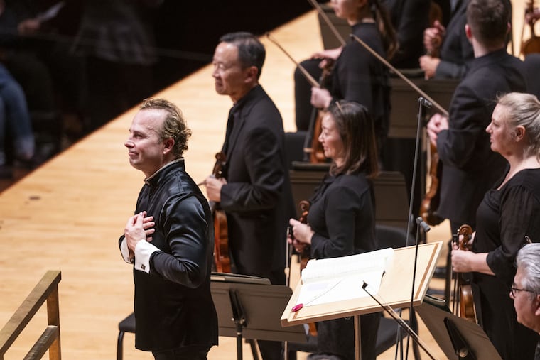 The Philadelphia Orchestra and music and artistic director Yannick Nezet-Seguin on stage in Marian Anderson Hall, April 10, 2025.