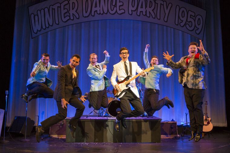 (Left to right:) Zach Cossman, Gilbert D. Sanchez, James David Larson, John Dewey, Maximilian Sangerman, and Karack Osborn in the Bucks County Playhouse production of “Buddy: The Buddy Holly Story.”