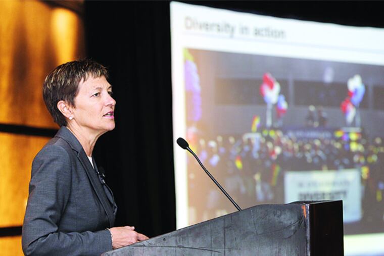 Suzanne Boda, US Airways senior vp for international and cargo operations based in Philadelphia, is keynote speaker at the Independence Businesses Alliance, the Philadelphia area's lesbian, gay, bisexual and transgender (LGBT) Chamber of Commerce. The luncheon was held in the Paris room of the Sofitel Hotel in center city Philadelphia on Monday, May 20, 2013. ( ALEJANDRO A. ALVAREZ / STAFF PHOTOGRAPHER )