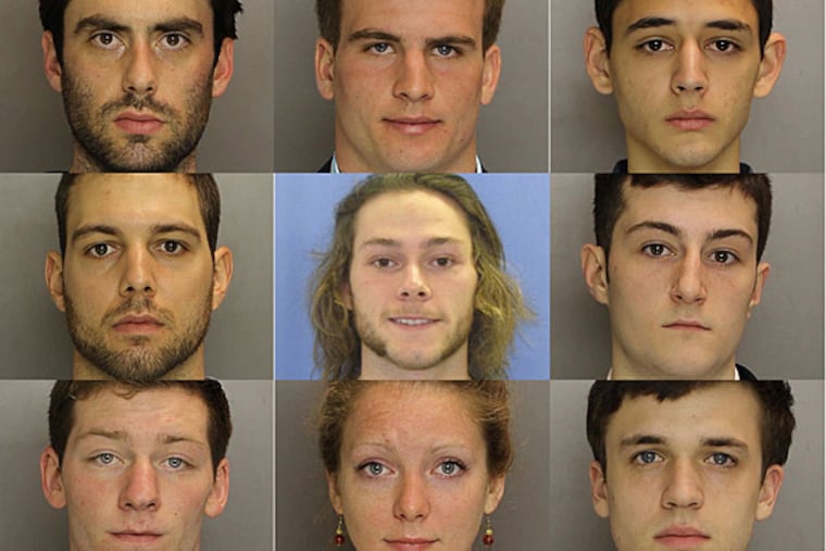 Charges have been filed against these individuals: Top row, from left: Neil K. Scott, 25; Timothy C. Brooks, 18; Reid Cohen, 18. Middle row, from left: Dominic Vincent Curcio, 29; Christian Stockton Euler, 23; Garrett M. Johnson, 18. Bottom row: Daniel Robert McGrath, 18; Willow Lynn Orr, 22; and John Cole Roseman, 20.