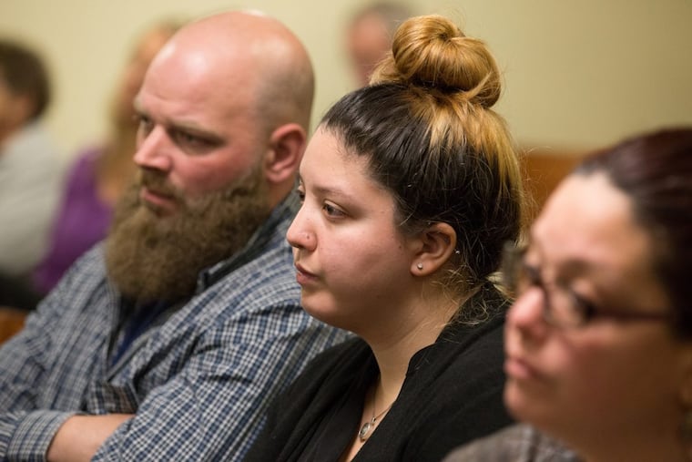 Samantha Denoto, center, the mother of 3-year-old Brendan Creato, who was found dead in October 2015, in Haddon Township, N.J., listens to testimony during the murder trial of the boy’s father, David “D.J.” Creato Jr., in Camden County court April 25, 2017.