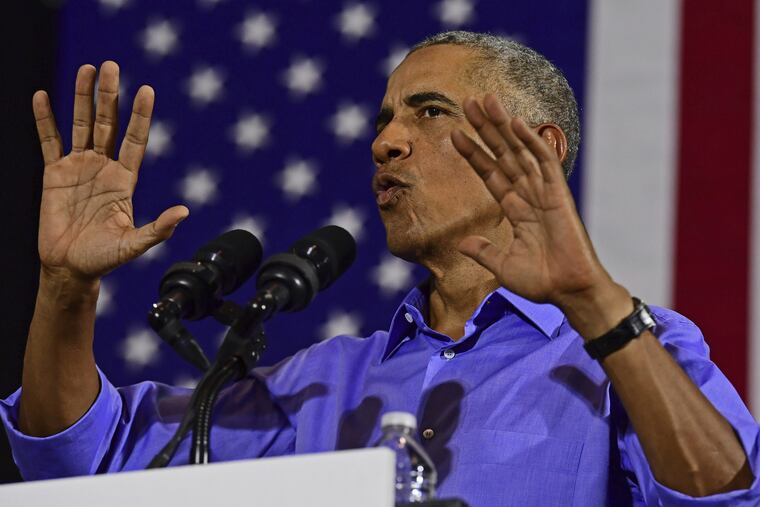 Former President Barack Obama speaks as he campaigns in support of Ohio gubernatorial candidate Richard Cordray, Thursday, Sept. 13, 2018, in Cleveland.