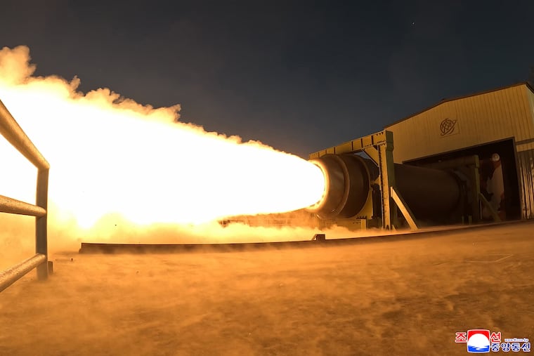 This undated photo, provided on March 29, 2026 by the North Korean government, shows what it says a solid-fuel engine test at an undisclosed place in North Korea. Independent journalists were not given access to cover the event.