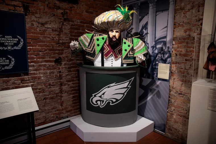 A papier-mâché Jason Kelce featured in his Mummers costume from the 2018 Philadelphia Eagles Super Bowl parade at the Museum of the Philadelphian on Tuesday, Sept. 22, 2026.
