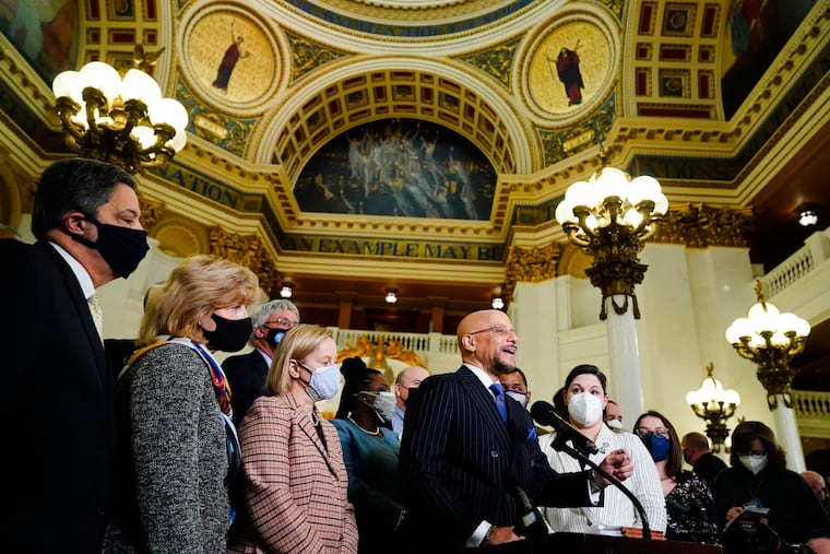 State Sen. Vincent Hughes (D., Phila.) speaks after Democratic Gov. Tom Wolf delivered his budget address for the 2022-23 fiscal year to a joint session of the Pennsylvania House and Senate in Harrisburg on Tuesday, Feb. 8, 2022.