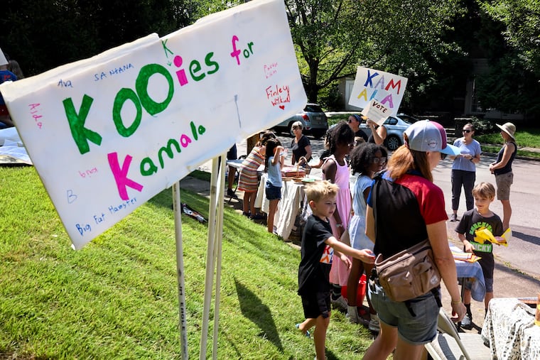 Entrepreneurial (and politically evolved) kids hold a “Kookies for Kamala” cookie bake sale fundraiser for the Kamala Harris/Tim Walz campaign Sunday on a corner in Mount Airy. Their first cookie sale last weekend raised $681.75 in under two hours.