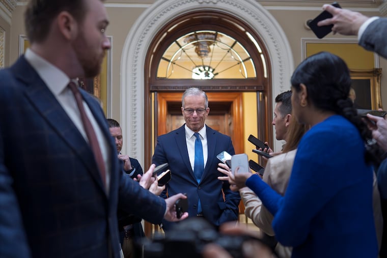 Senate Majority Leader John Thune (R., S.D.) speaks to reporters Thursday outside the chamber at the Capitol.
