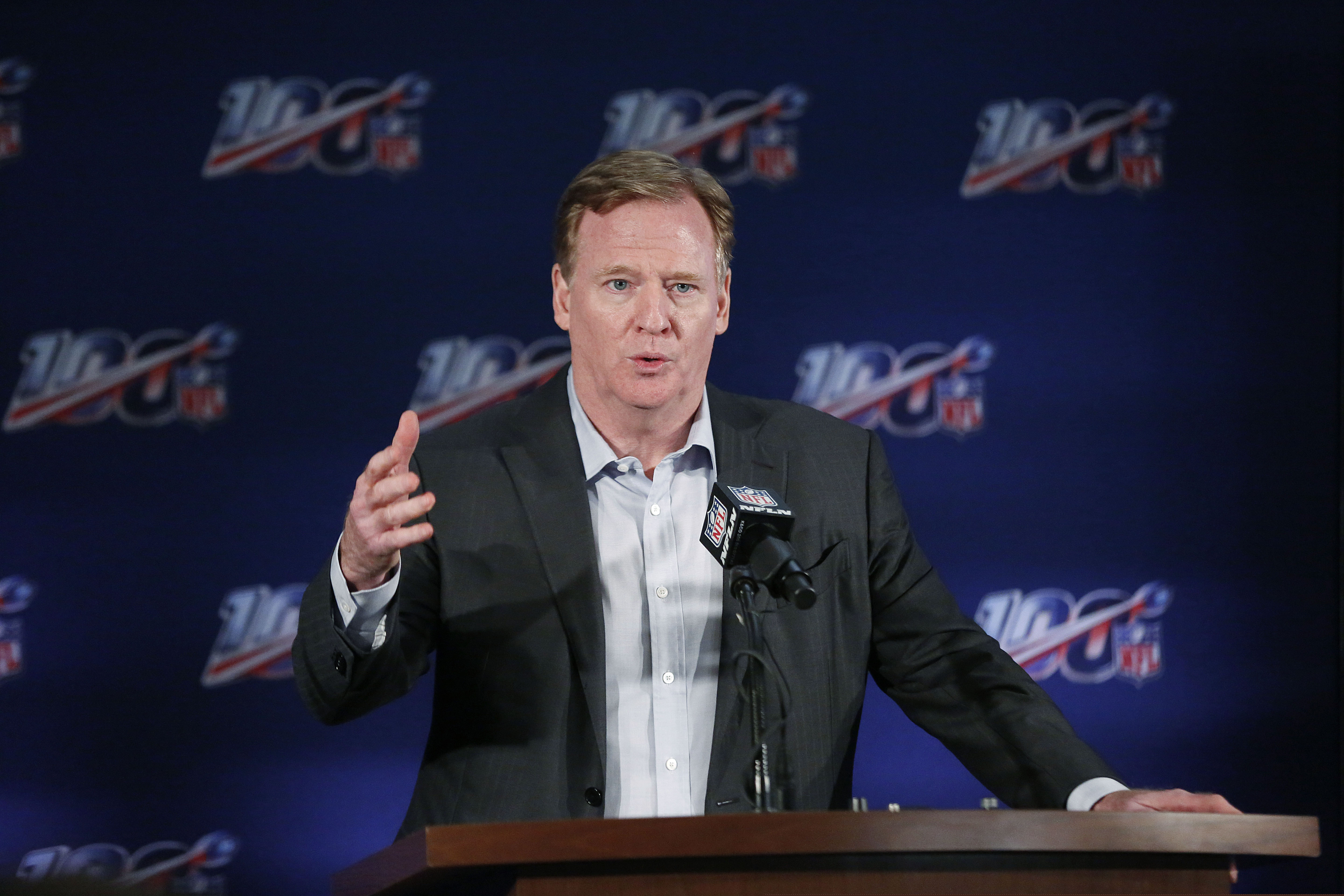 In this May 22, 2019, file photo, NFL Commissioner Roger Goodell speaks to the media during an NFL football owners meeting in Key Biscayne, Fla.