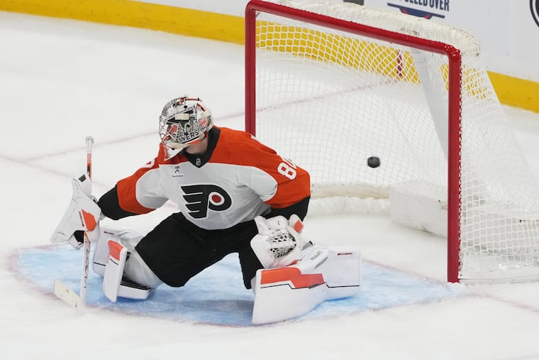Flyers goalie Dan Vladar gives up a goal to Florida Panthers center Anton Lundell.
