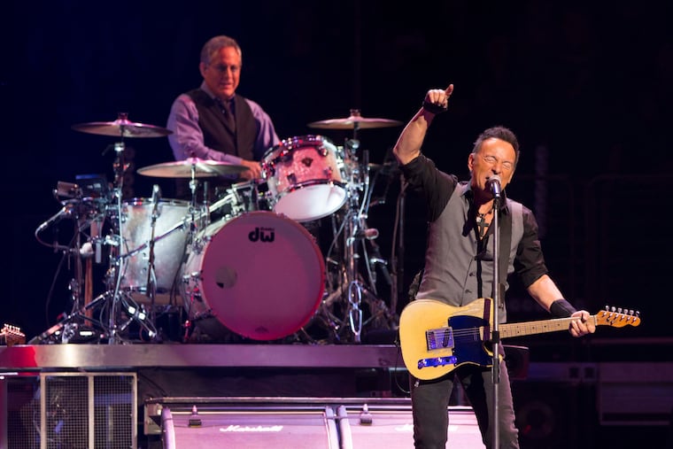 Bruce Springsteen & The E Street Band bring ‘The River Tour’ to Philadelphia at the Wells Fargo Center on Feb. 12, 2016. Drummer Max Weinberg, left, and Springsteen during "The Ties That Bind." ( CHARLES FOX / Staff Photographer )