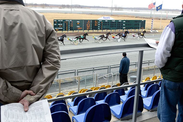 Bettors watch the third race at Harrah's Racetrack on opening day of its harness racing season after a brief suspension from the state and while facing a lawsuit over an accident that seriously injured a driver last fall. ( TOM GRALISH / Staff Photographer )