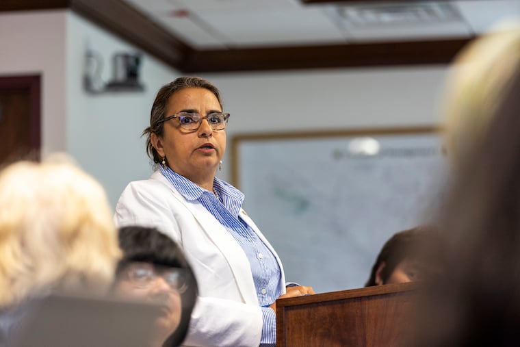 Nelly Jimenez-Arevalo, Immigrant Affairs Director, speaks at the Montgomery County Board Meeting on the topics of the immigrant community and ICE in Norristown, Pa., on Thursday, June 5, 2025.