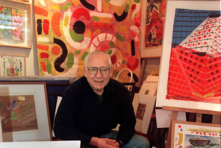 Painter Sam Maitin on Jan. 17, 2000, with paintings inspired by the Old Testament, which were to be exhibited at Temple Keneseth Israel in Elkins Park.