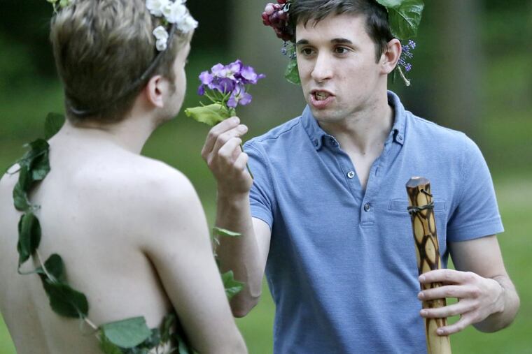John Patouhas (Puck) left and Jake Hufner (Oberon) right during rehearsal of “A Midsummer Night’s Dream” at the Norcross-McLaughlin Dell in Haddon Heights on June 2, 2017. They call themselves the Ignoble Shakespeare Company, and are bringing Shakespeare in the Park to South Jersey with free productions of the play on June 9 and 10.