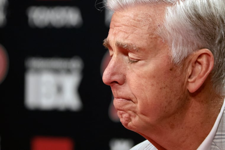 Phillies president Dave Dombrowski talks about the firing of manager Rob Thomson during a news conference on Tuesday at Citizens Bank Park.