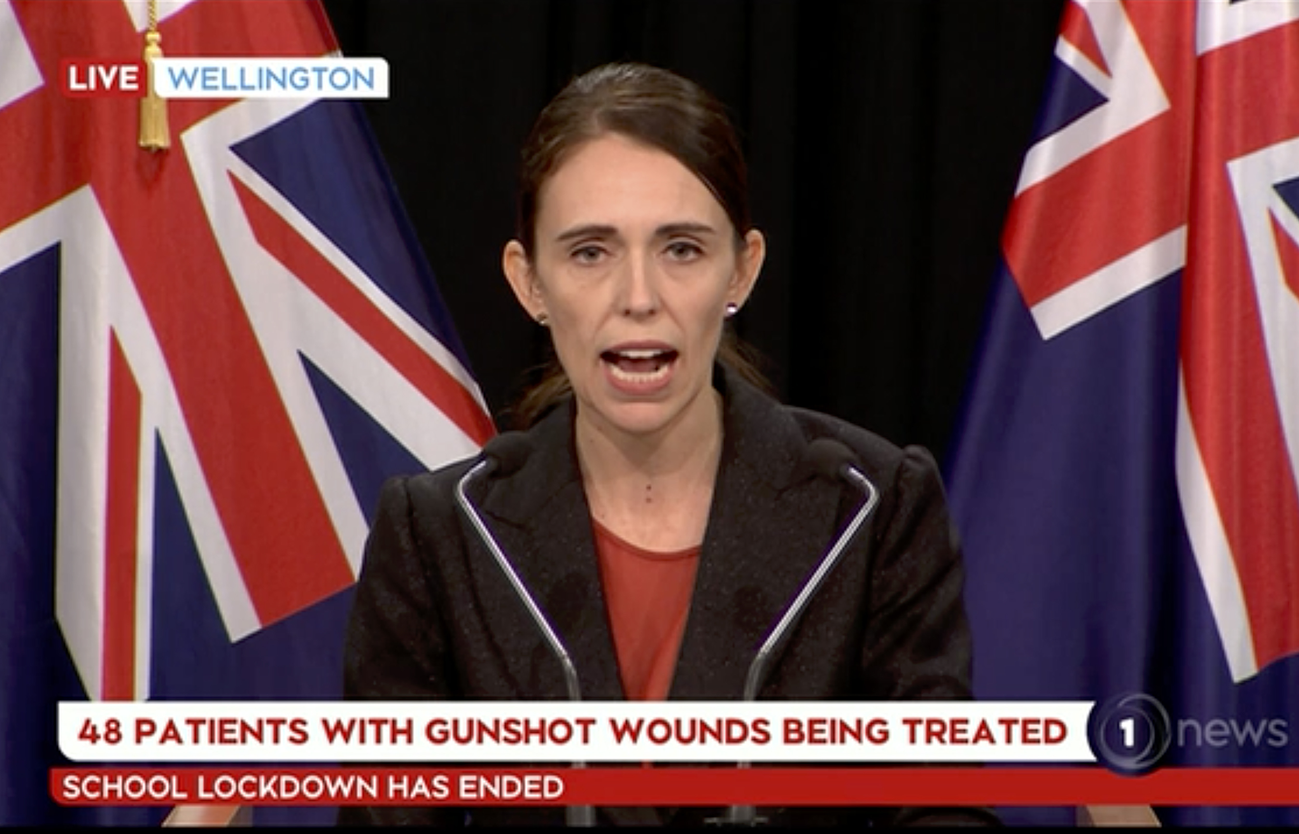 In this image made from video, Prime Minister Jacinda Ardern gives a press conference from Wellington, after the shootings at two mosques in Christchurch, New Zealand, Friday, March 15, 2019. Ardern said the values of her country would not be "shaken" by the deadly attacks that left dozens dead. (TVNZ via AP)