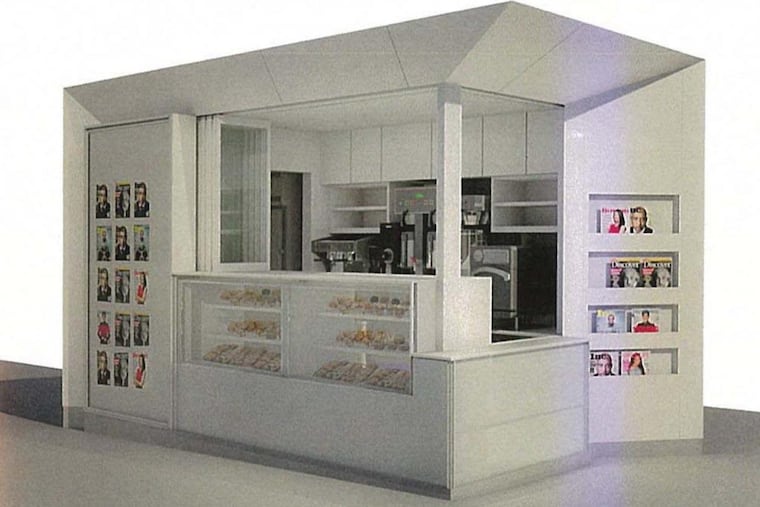 Artist's rendering of news kiosks planned for sidewalk outside the Comcast Technology Center set to open this year in Center City.