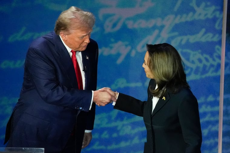 Former President Donald Trump and Vice President Kamala Harris shake hands before the start of an ABC News presidential debate at the National Constitution Center, Sept. 10, 2024, in Philadelphia. The International Brotherhood of Teamsters has declined to endorse either candidate.