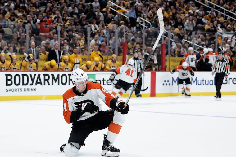 Flyers right wing Porter Martone celebrates his third period goal against the Pittsburgh Penguins in Game 1 of the Eastern Conference first round Stanley Cup playoffs on Saturday, April 18, 2026 in Pittsburgh.