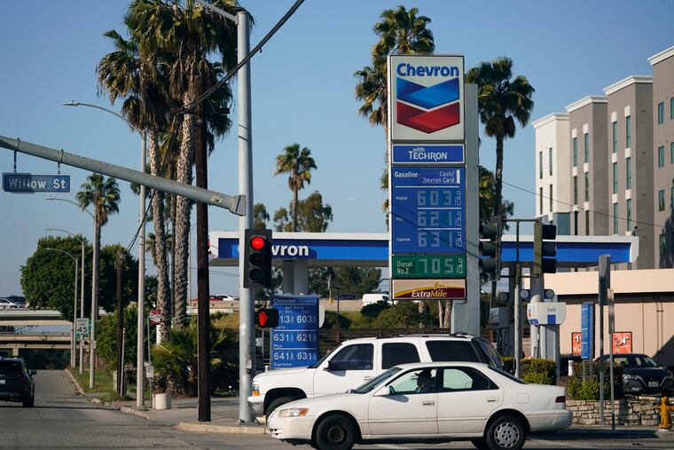 Gas prices are displayed at a gas station in Long Beach, Calif.