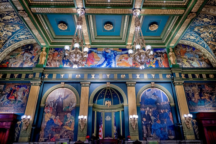 The Senate Chamber in Pennsylvania State Capitol in Harrisburg, which features the mural series “The Creation and Preservation of the Union,” by Violet Oakley.
