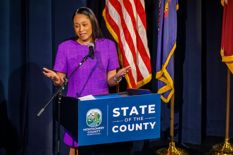 Jamila H. Winder, chair of the Montgomery County Commissioners, delivers her 2026 State of County speech at Montgomery County Community College in Blue Bell, Pa., Wednesday, Feb. 11, 2026.