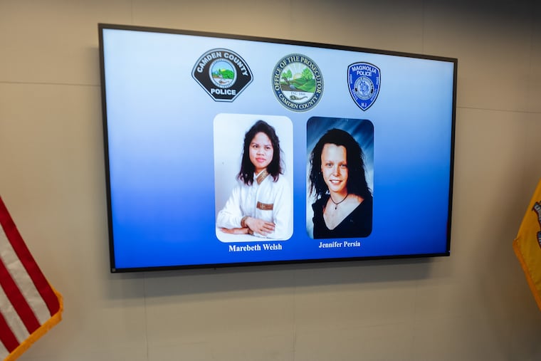 Camden County prosecutors show photographs of Marebeth Welsh of Woodlynne and 16-year-old Jennifer Persia of Magnolia during a news conference Thursday.