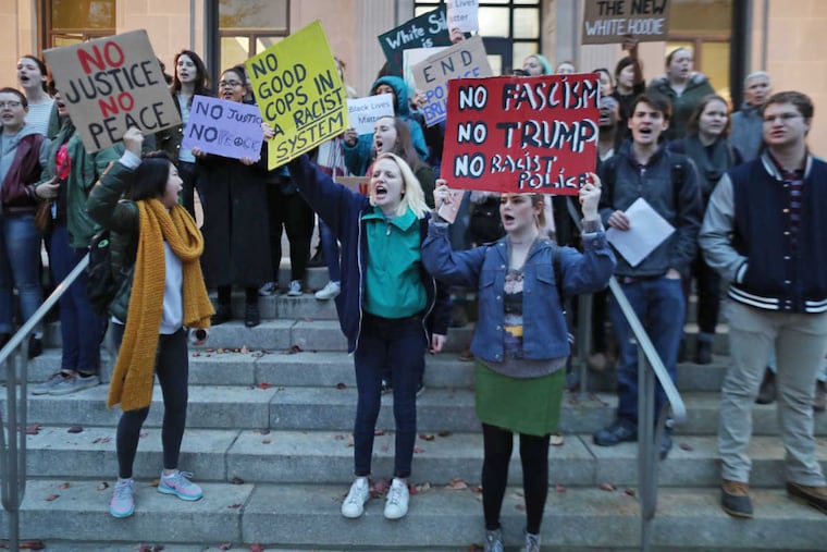 About 40 protesters walked and chanted from Haverford College to the Lower Merion Township building in Ardmore Wednesday November 16, 2016.