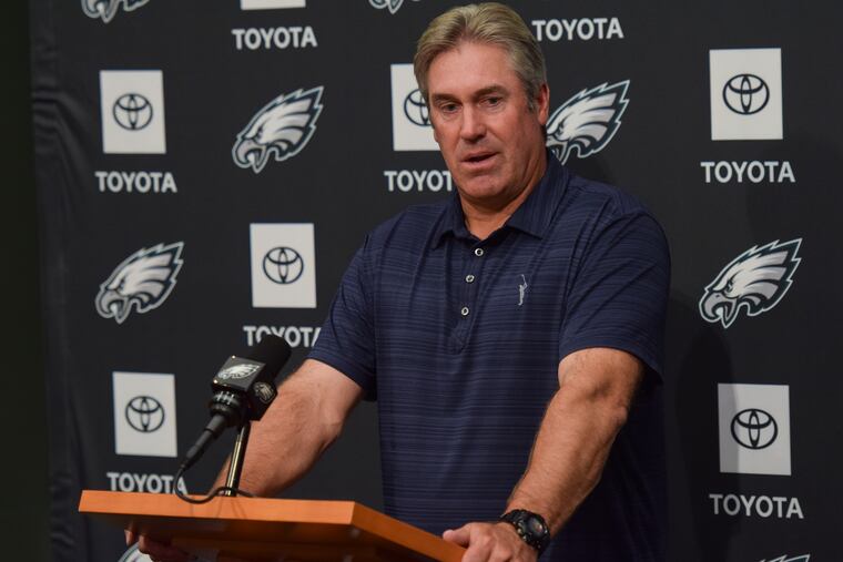 Eagles head coach Doug Pederson at the podium during a recent press conference.