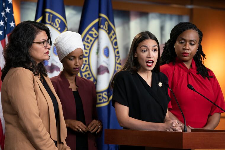 Rep. Alexandria Ocasio-Cortez (D-N.Y.) speaks as (from left) Rep. Rashida Tlaib (D-Mich.), Rep. Ilhan Omar (D-Minn.), and Rep. Ayanna Pressley (D-Mass.) listen during a news conference at the Capitol in Washington earlier this month.