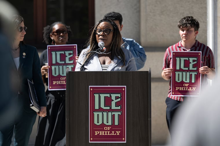 Councilmember Kendra Brooks speaks during a news conference outside City Hall on Wednesday to address ICE safety as Philly hosts the World Cup.