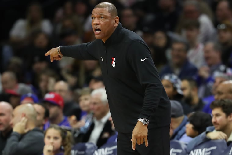 Sixers head coach Doc Rivers points to his bench against the Chicago Bulls in the first period on Monday, March 20, 2023 in Philadelphia.