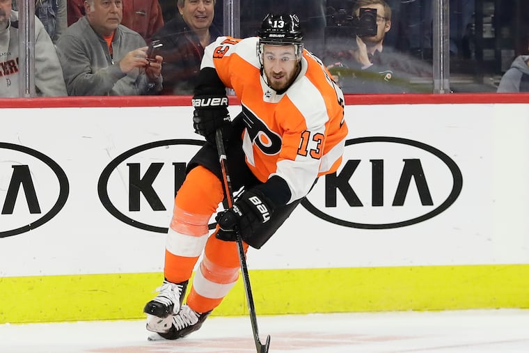 Flyers center Kevin Hayes, here skating against Boston on Jan. 13, had a hat trick (and no hats) in Tuesday's intrasquad scrimmage, which was played without fans.