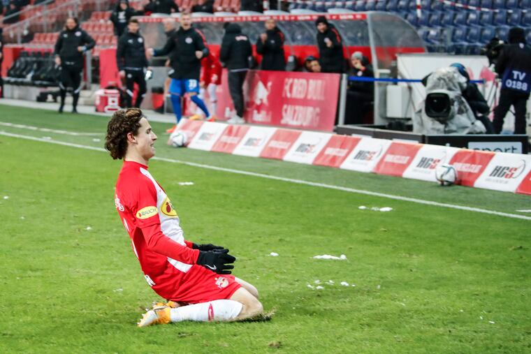 Brenden Aaronson celebrated scoring his first goal for Red Bull Salzburg in a 3-1 win over Austria Wien in Vienna, Austria on Feb. 10.
