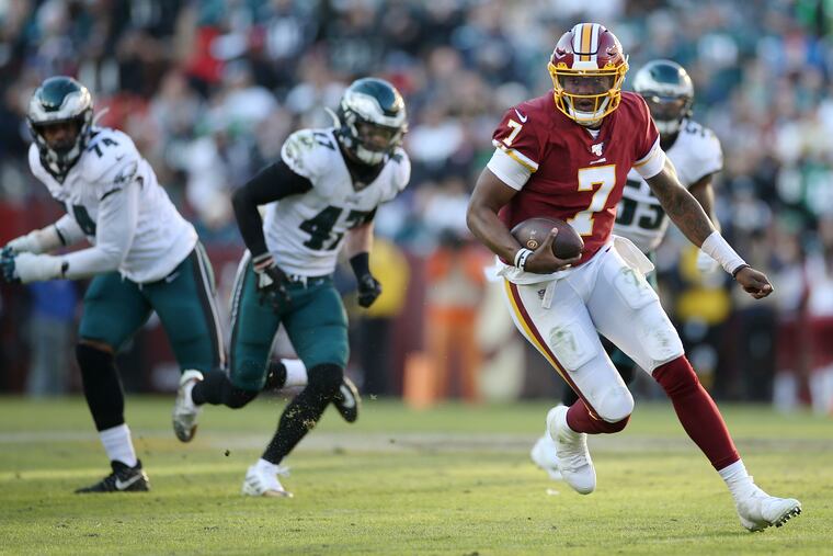 Washington quarterback Dwayne Haskins (7) running the ball against the Eagles in 2019. He will be the key to the team's success.