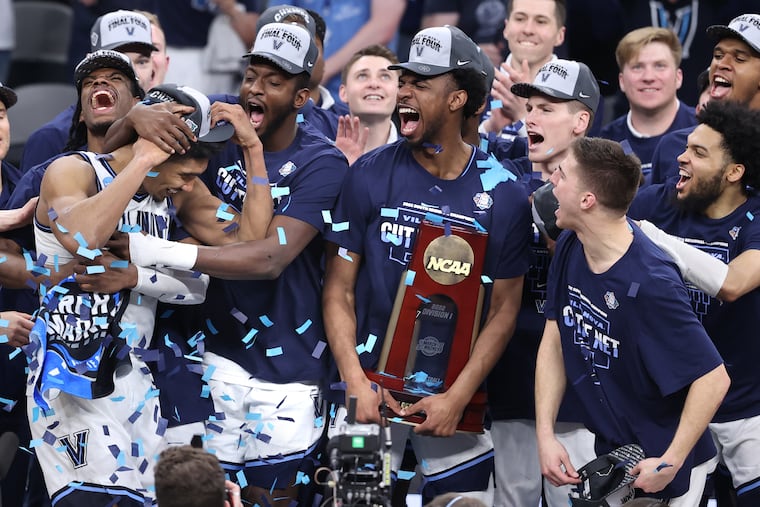 Teammate clown around with Jermaine Samuels, left, of Villanova after he was named the Most Outstanding Player of the South Regional in the NCAA Tournament on March 26, 2022 at AT&T Arena in San Antonio, Texas.