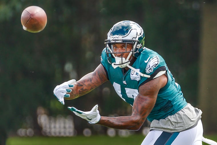 Eagles receiver Alshon Jeffery is all concentration as he practices with the team and is cleared to play in the upcoming game against the Titans, on Wednesday September 26, 2018 MICHAEL BRYANT / Staff Photographer
